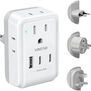 VINTAR European Travel Plug Adapter Kit, Adapter for Europe Plug with 3 USB Ports (2 USB C) 4 AC Outlets, Type C,G,E/F Detachable Attachments, International Power Adapter for Europe UK France Italy